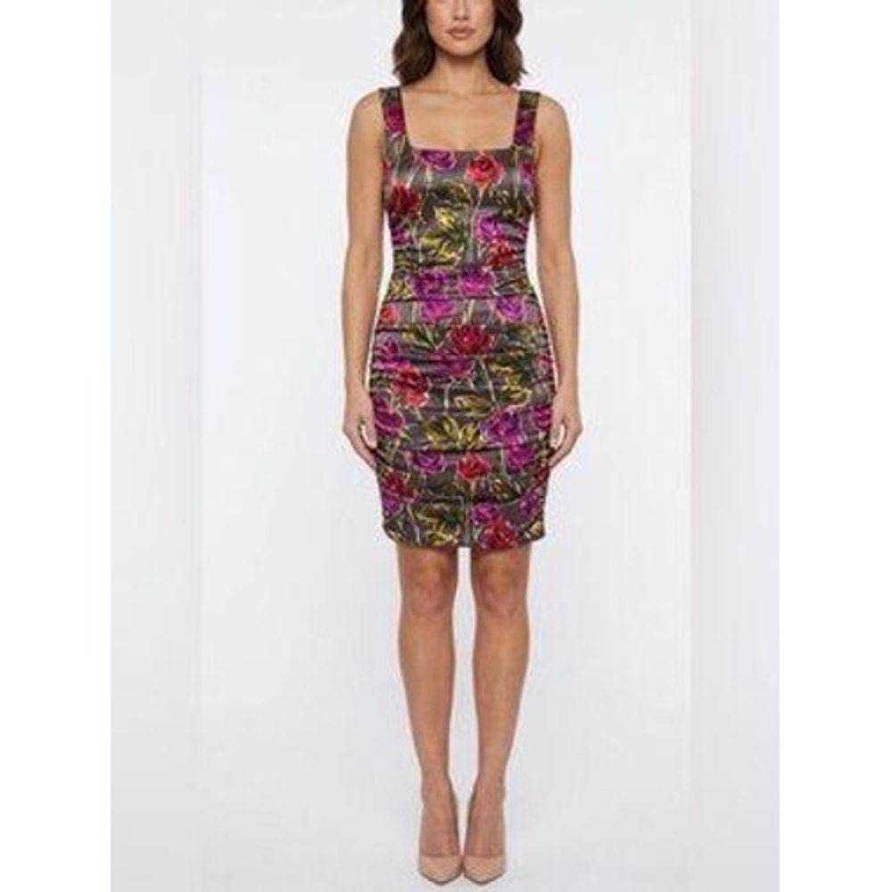 JayGodfrey Floral Party‎ Sleeveless Ruched Satin Mini Dress 6 Statement Bodycon